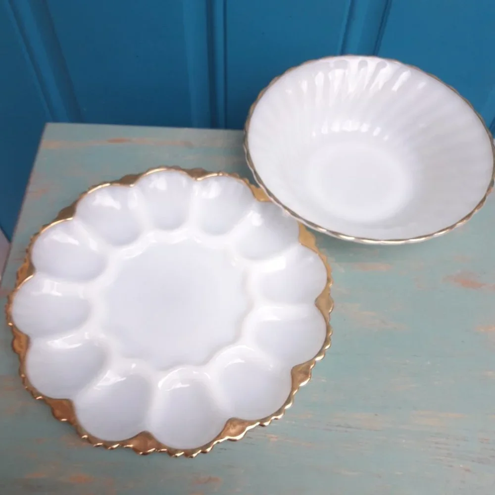 Milk Glass Bowl Egg Dish Set Gold Rimmed Vintage Fire King White Anchor Hocking - Picture 4 of 16